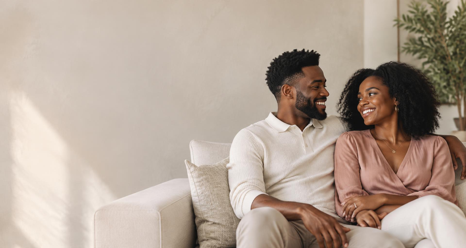 A smiling couple sharing a quiet moment together on a sofa